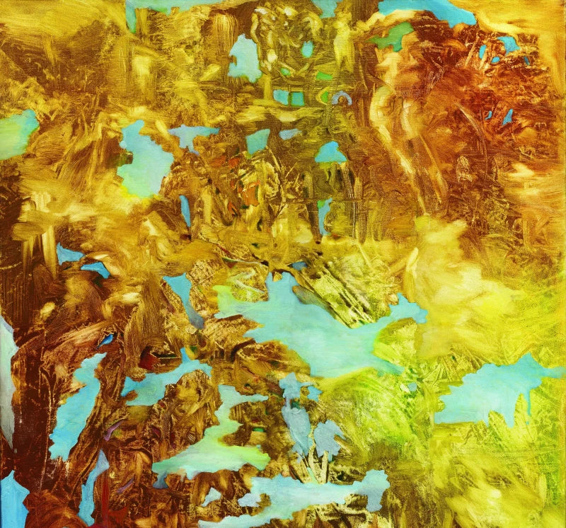 An abstract painting featuring textured, impasto brushstrokes in metallic gold, bronze, and yellow, contrasted with bright turquoise blue areas.