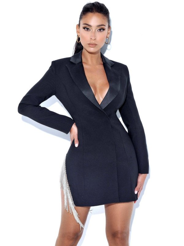 New OL Workplace Waist Blazer Skirt Crystal Tassel Diamond Chain Embellished Hidden Button Long Sleeve Dress