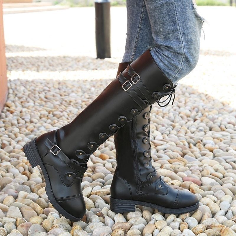 New oversized knight boots for women in autumn and winter, new round head rivet belt buckle square heel boots