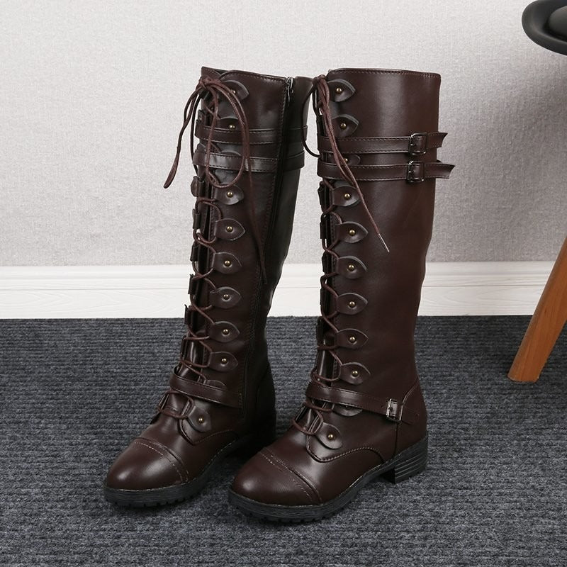 New oversized knight boots for women in autumn and winter, new round head rivet belt buckle square heel boots