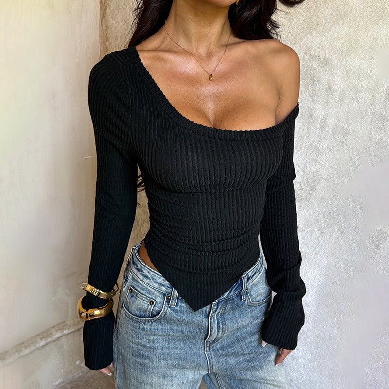 Oblique Shoulder Long Sleeve Top - Casual Slim Fit Blouse - Premium for sale