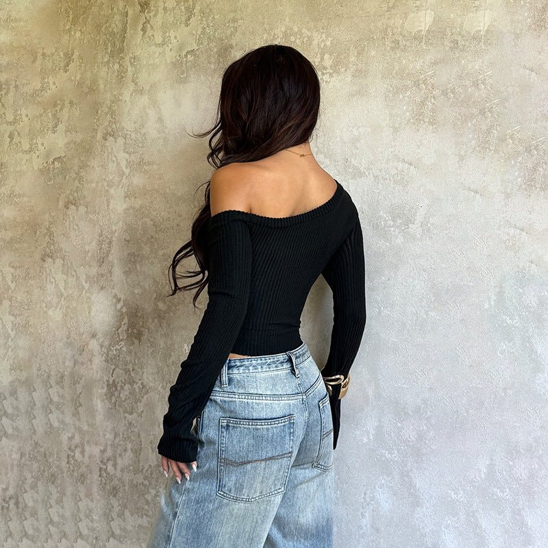 Oblique Shoulder Long Sleeve Top - Casual Slim Fit Blouse - Premium for sale