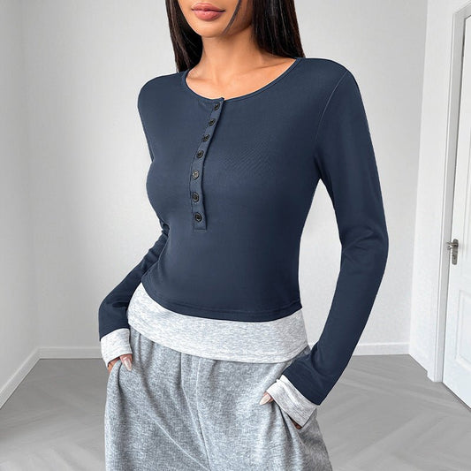 Office Casual Round Neck Top - Faux Two Piece Long Sleeve Blouse - Premium for sale