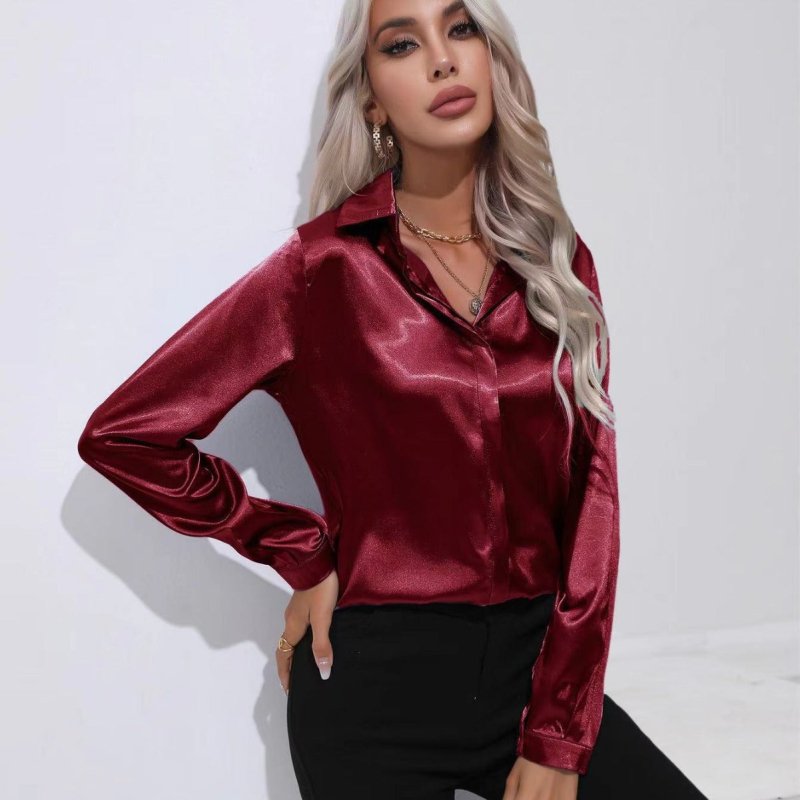 One Button Satin Shirt Office Long Sleeve Shirt Spring Summer Loose Top Women Clothing