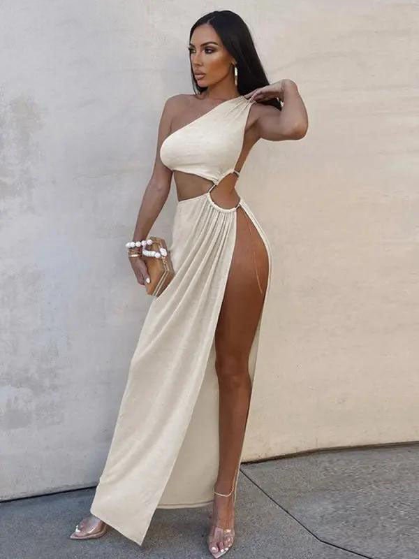 One Shoulder Cutout Maxi Dress with Gold Chain Detail - Premium Dresses for sale