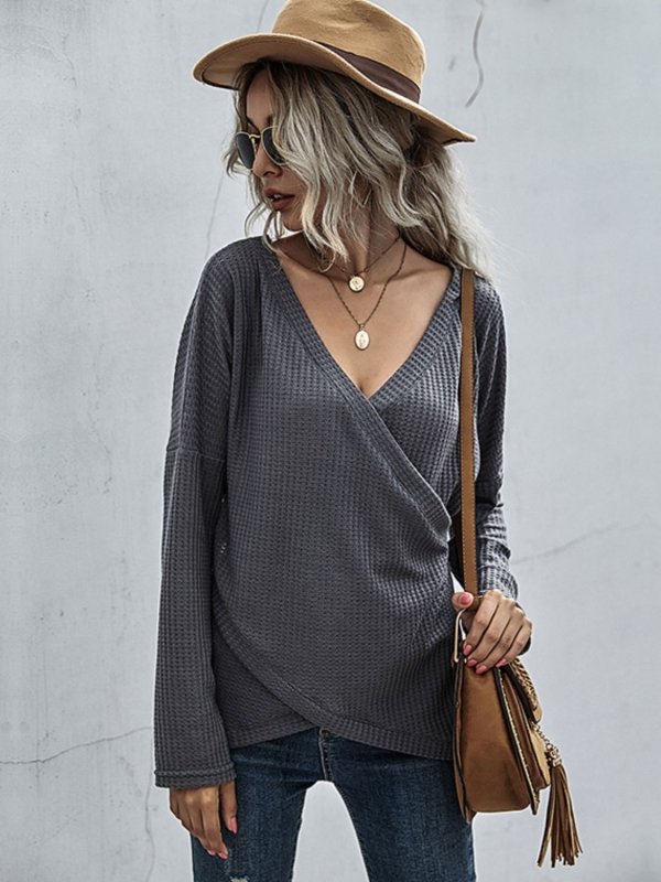 Perfee Waffle - Knit Surplice Long Sleeve Top