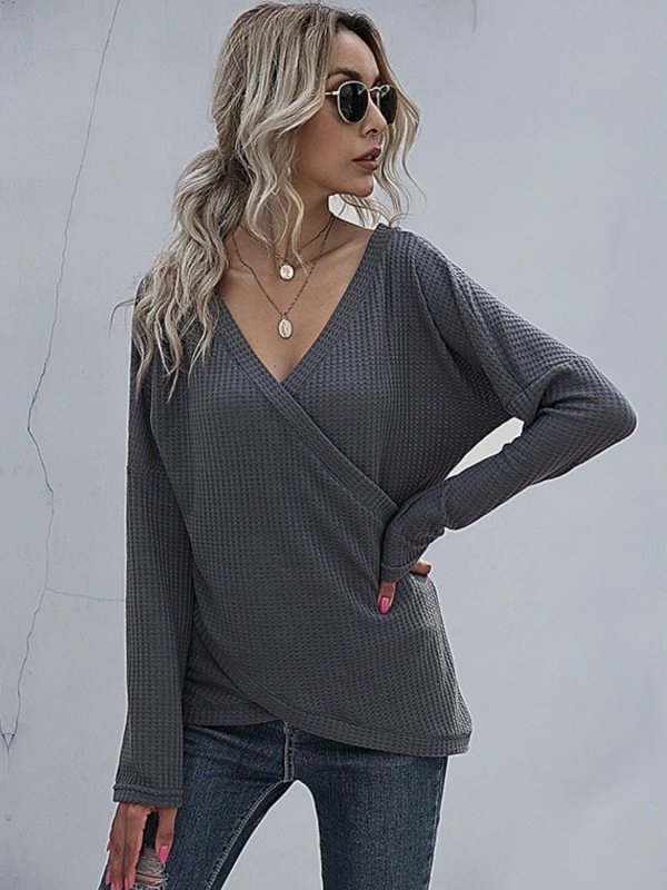 Perfee Waffle - Knit Surplice Long Sleeve Top