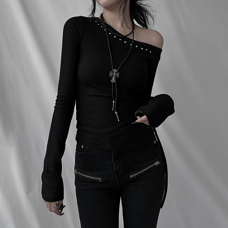 Personality Rivets Stitching Diagonal Collar Long Sleeved T-shirt Design Split Asymmetric Sexy Slimming Top