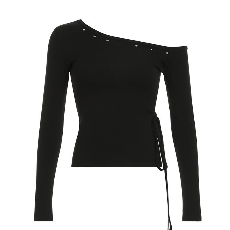 Personality Rivets Stitching Diagonal Collar Long Sleeved T-shirt Design Split Asymmetric Sexy Slimming Top