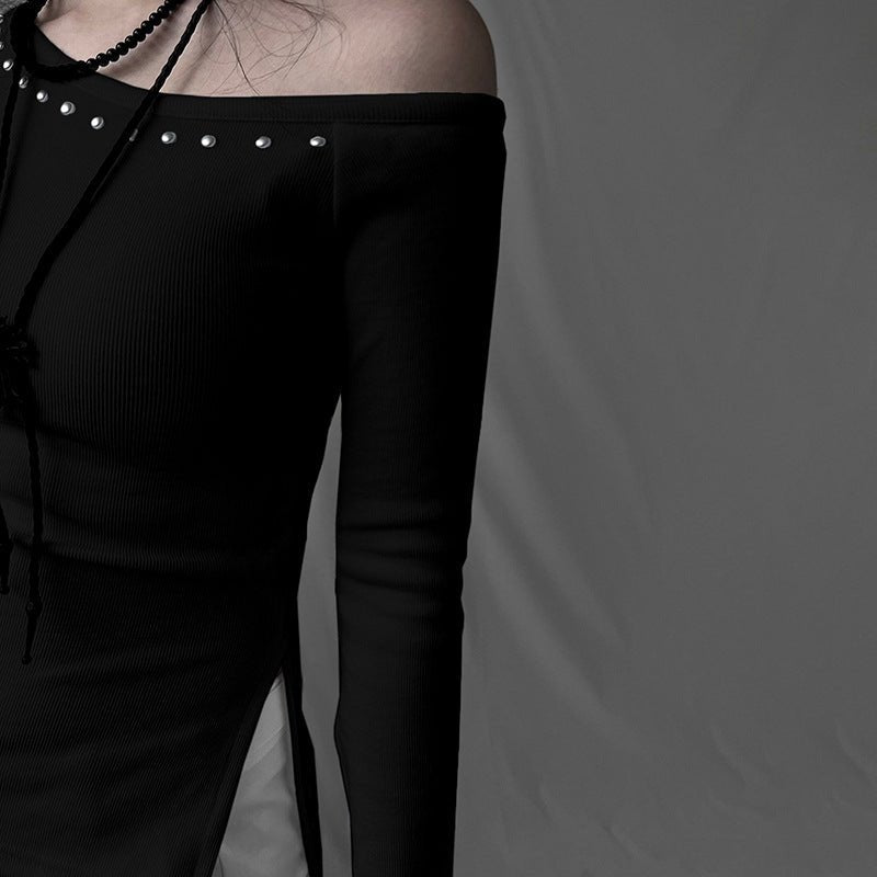 Personality Rivets Stitching Diagonal Collar Long Sleeved T-shirt Design Split Asymmetric Sexy Slimming Top