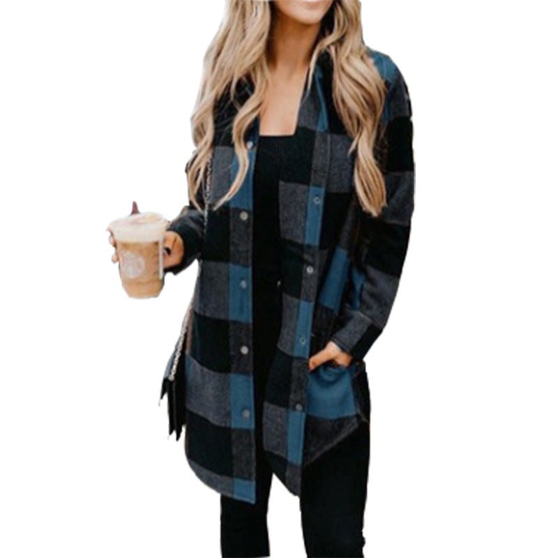 Plaid Shirt Women Mid Length Long Sleeve Women Coat Plaid Shirt Top Shacket