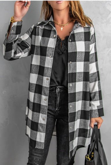 Plaid Shirt Women Mid Length Long Sleeve Women Coat Plaid Shirt Top Shacket