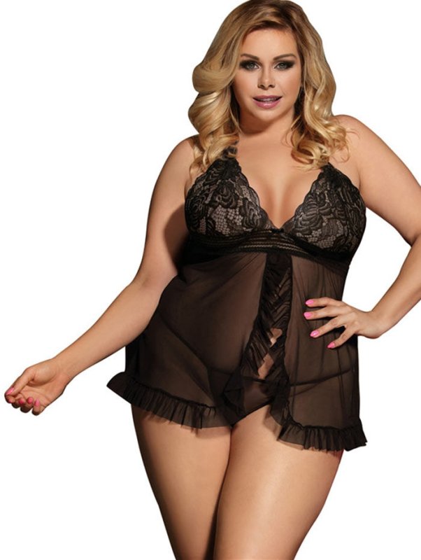 Plus Size Scalloped Trim Lace Panel Babydoll