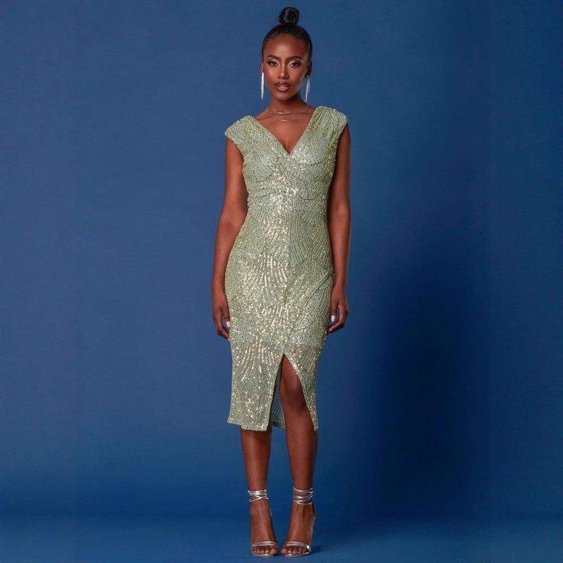 Popular V neck Dress Women Midi Dress Slim Fit Split - Premium Dresses for sale