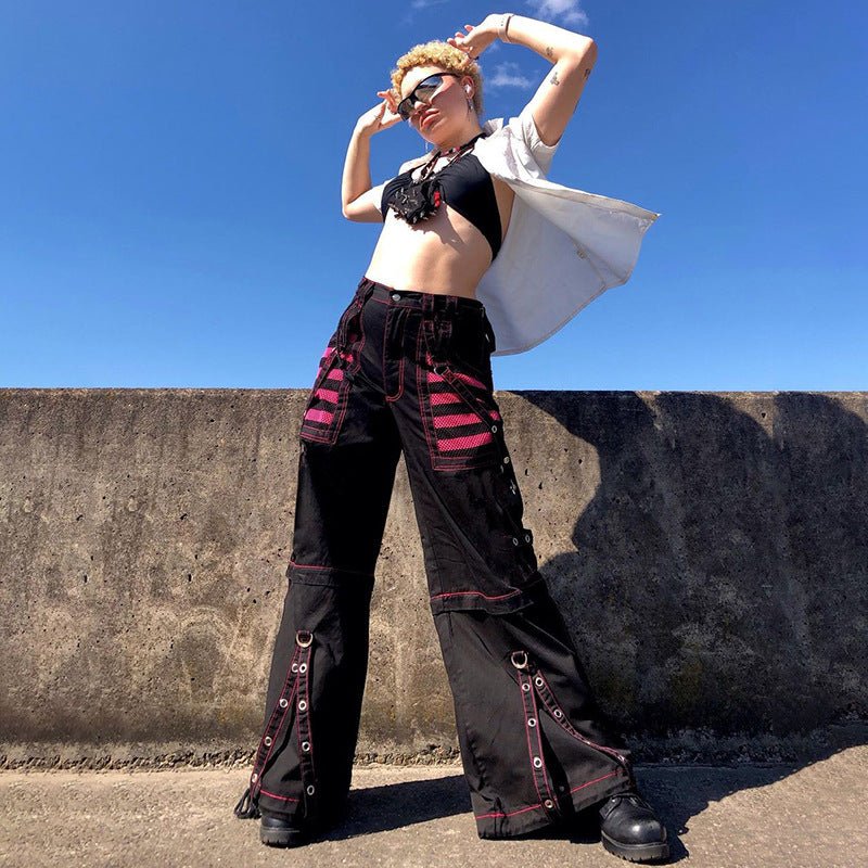 Retro Dark Cool Chic Ribbon Eyelet Chain Casual Pants Contrast Color Striped Mesh Stitching Wide Leg Pants