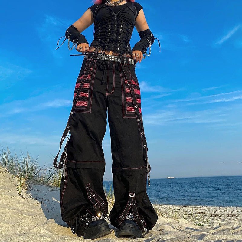 Retro Dark Cool Chic Ribbon Eyelet Chain Casual Pants Contrast Color Striped Mesh Stitching Wide Leg Pants