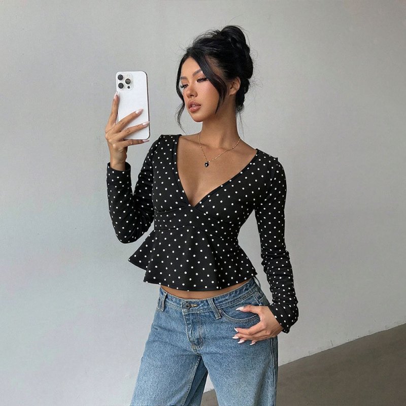 Retro Dots V - Neck Long Sleeve Top - Slim Fit Women's Blouse - Premium for sale