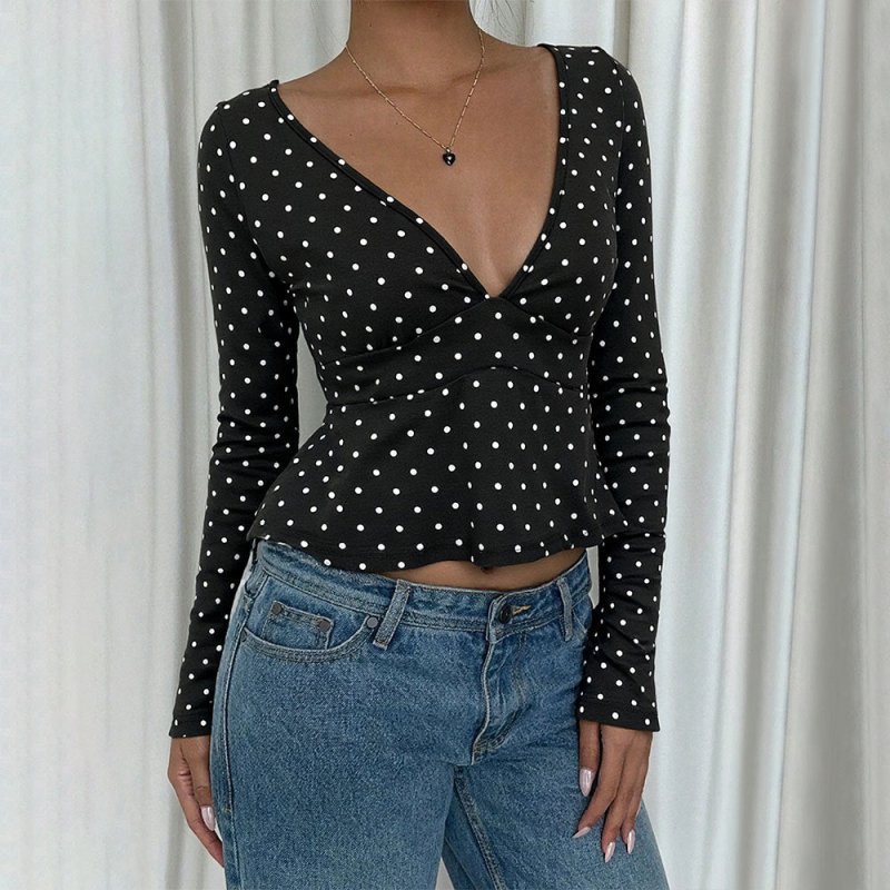 Retro Dots V - Neck Long Sleeve Top - Slim Fit Women's Blouse - Premium for sale