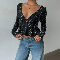 Retro Dots V - Neck Long Sleeve Top - Slim Fit Women's Blouse - Premium for sale