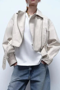 Retro Washed Collared Zipper Ornament Faux Leather Jacket Autumn Winter Street Cropped Jacket - Premium Jackets for sale
