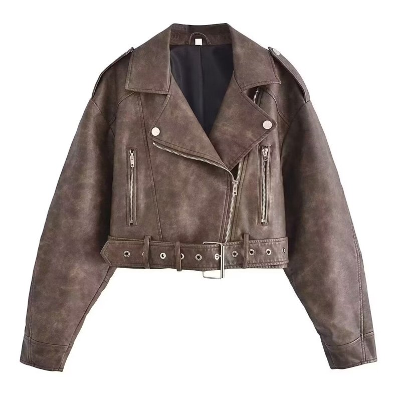 Retro Washed Collared Zipper Ornament Faux Leather Jacket Autumn Winter Street Cropped Jacket