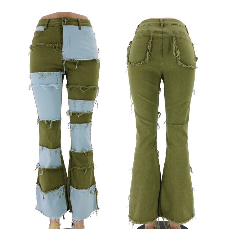 Retro Washed Contrast Color High Waist Hip Lift Sexy Horn Women Denim Trousers