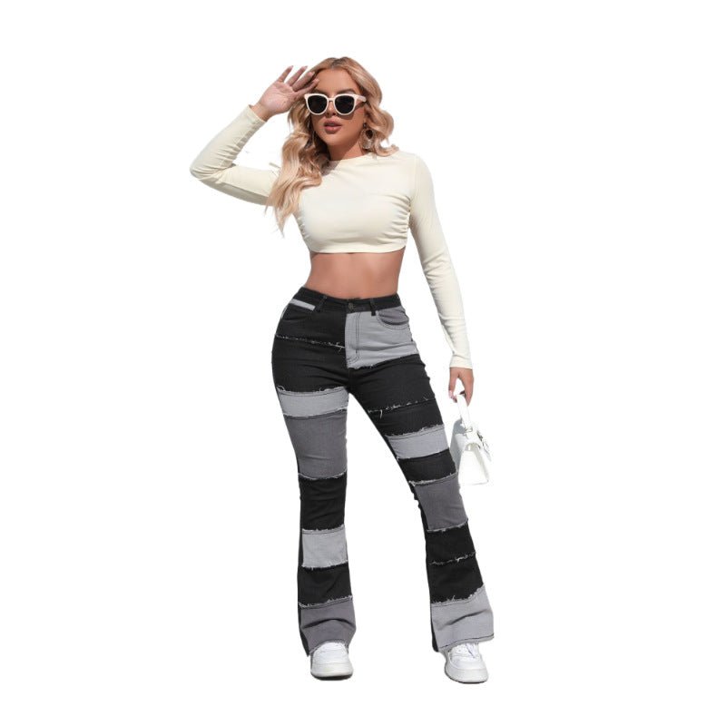 Retro Washed Contrast Color High Waist Hip Lift Sexy Horn Women Denim Trousers