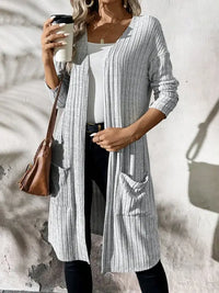Ribbed Open Front Long Sleeve Cardigan with Pockets - Premium Coats & Jackets for sale