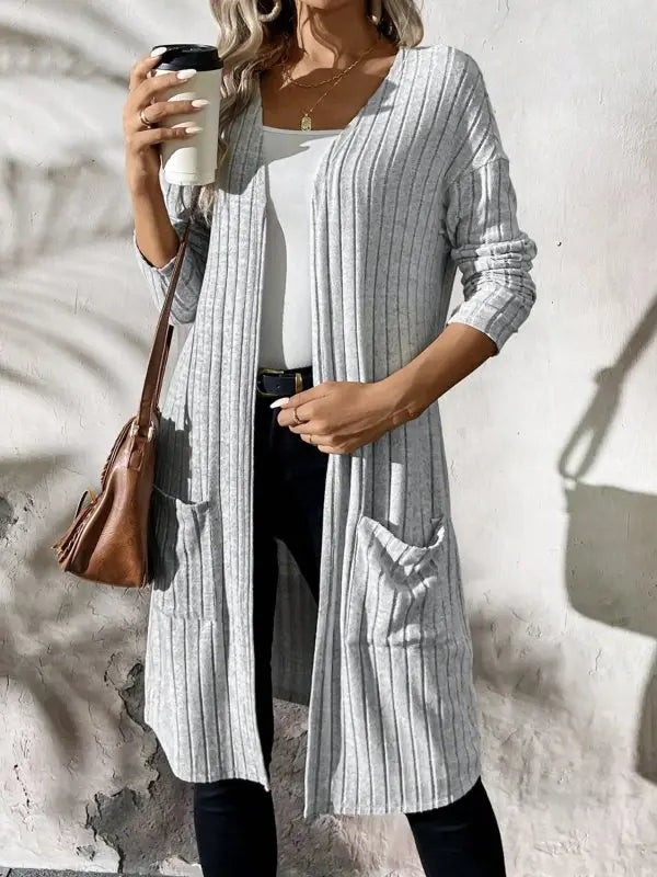 Ribbed Open Front Long Sleeve Cardigan with Pockets - Premium Coats & Jackets for sale