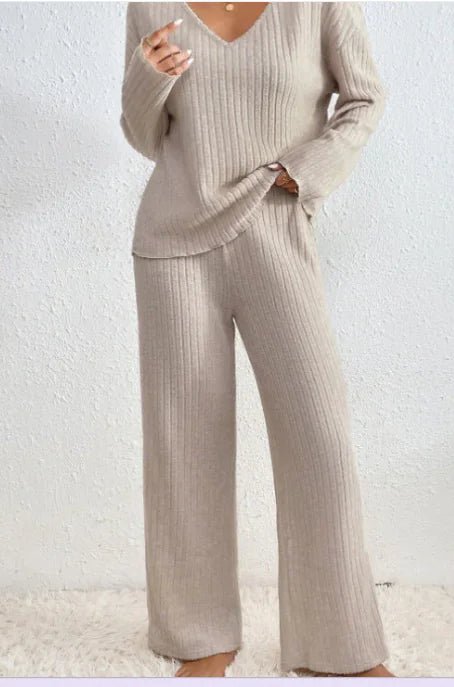 Round Neck Solid Color Fashion Knitted Top And Trousers Two - piece Set