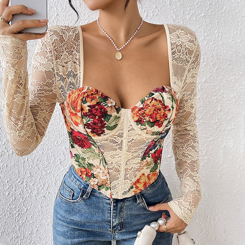 Sexy Boning Corset Retro Square Collar Sexy Top Printed Lace Stitching Long Sleeve Top - Premium for sale