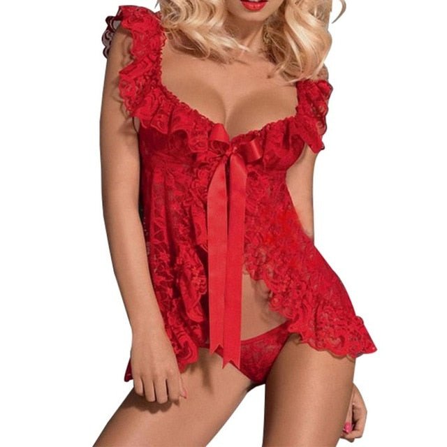 Sexy Lace Lingerie Dress Women Homewear Night Gowns + G - string Sexy Panties Nightwear Sleepwear Sets