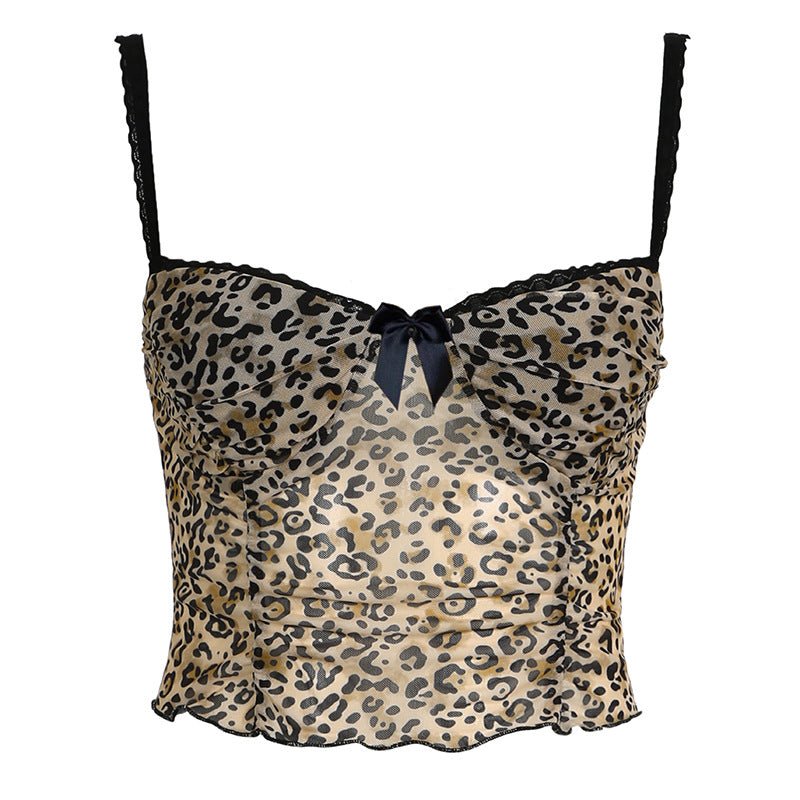 Sexy Street Leopard Bow Lace Splicing Sling Vest Trendy Fashionable Slim Fit Short Inner