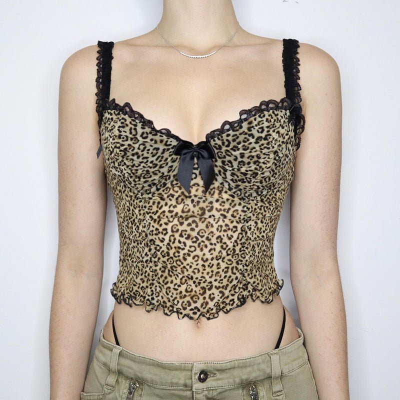 Sexy Street Leopard Bow Lace Splicing Sling Vest Trendy Fashionable Slim Fit Short Inner