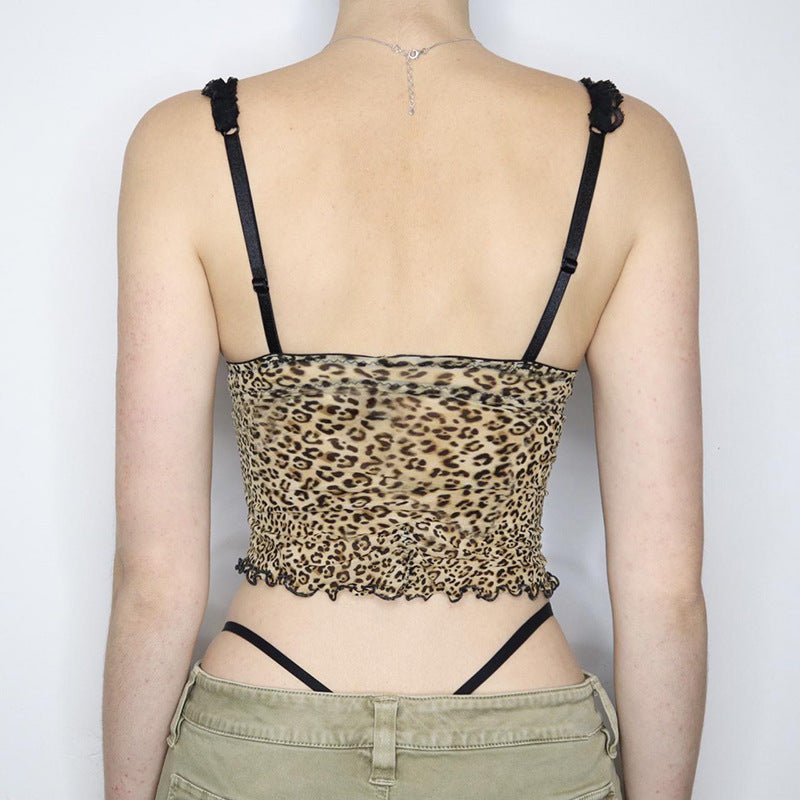 Sexy Street Leopard Bow Lace Splicing Sling Vest Trendy Fashionable Slim Fit Short Inner