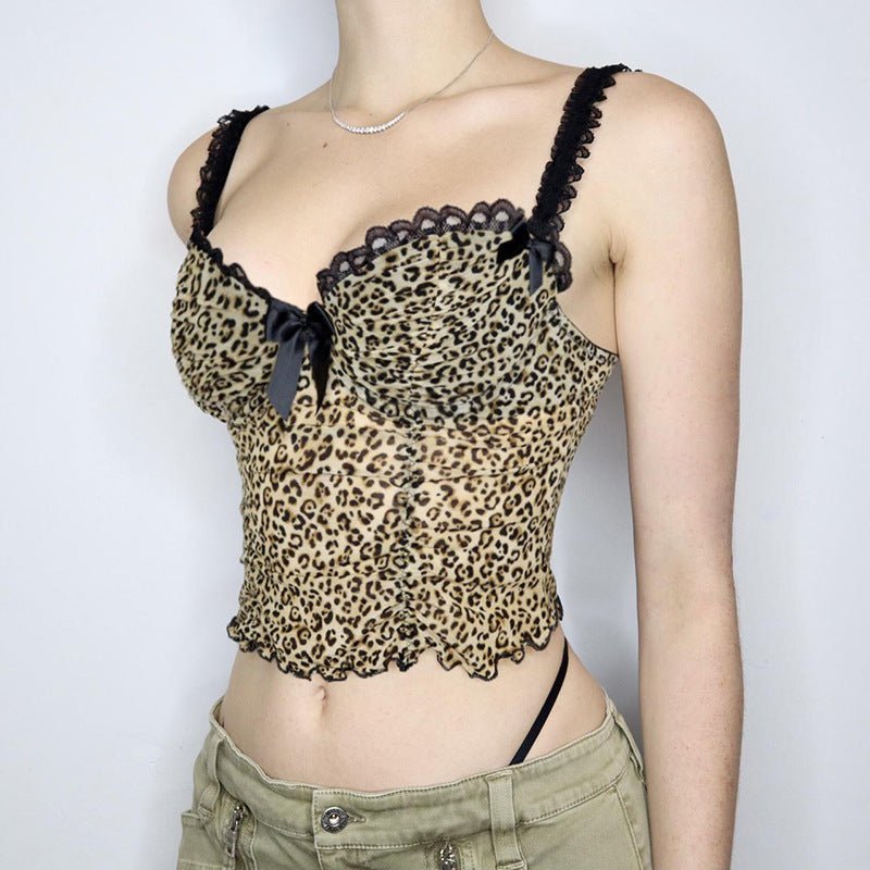 Sexy Street Leopard Bow Lace Splicing Sling Vest Trendy Fashionable Slim Fit Short Inner