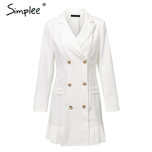 Simplee Elegant ruffle double breasted women dress Office casual blazer white dress Autumn winter slim suit ladies dresses