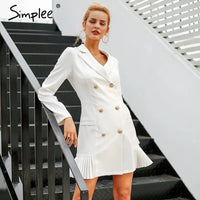 Simplee Elegant ruffle double breasted women dress Office casual blazer white dress Autumn winter slim suit ladies dresses