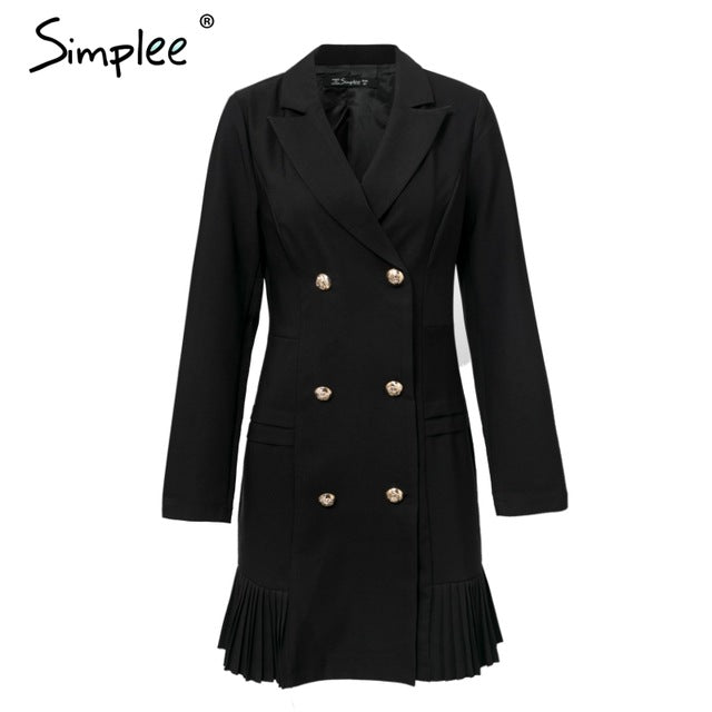 Simplee Elegant ruffle double breasted women dress Office casual blazer white dress Autumn winter slim suit ladies dresses