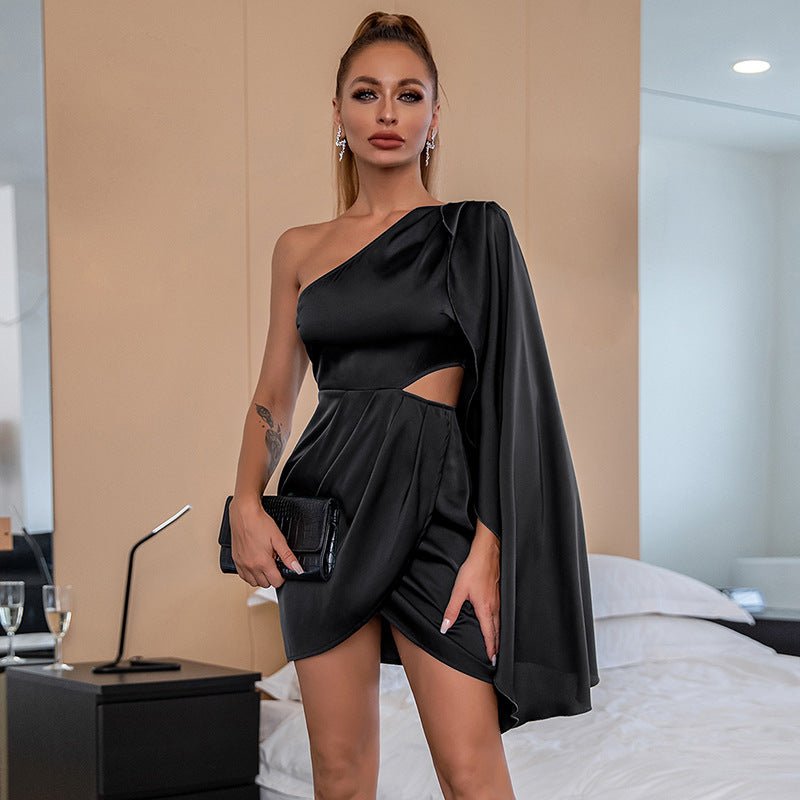 Slanted Shoulder Hollow Out Dress – Solid Color Pencil Mini Dress - Premium Women's Clothing for sale