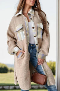 Slit Plaid Button Down Long Sleeve Coat - Premium Coats & Jackets for sale