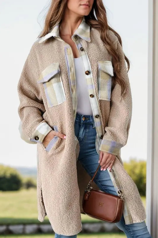 Slit Plaid Button Down Long Sleeve Coat - Premium Coats & Jackets for sale