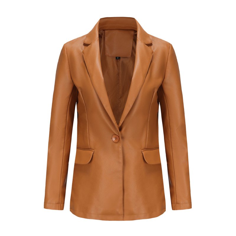 Small Long Sleeved Coat Women Single Button Office Casual Solid Color Leather Coat