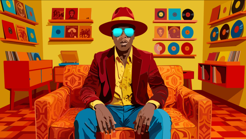 Man sitting in a chair in a room filled with vinyl records