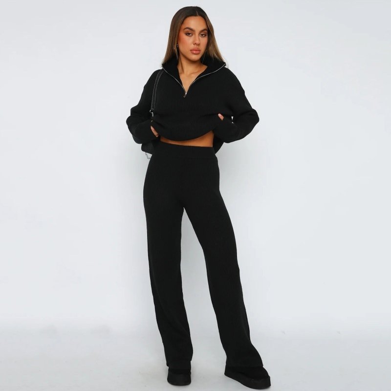 Spring and Autumn Hot selling New Product Two piece Set, Casual and Comfortable Collar Long sleeved Straight leg Pants Knitted S