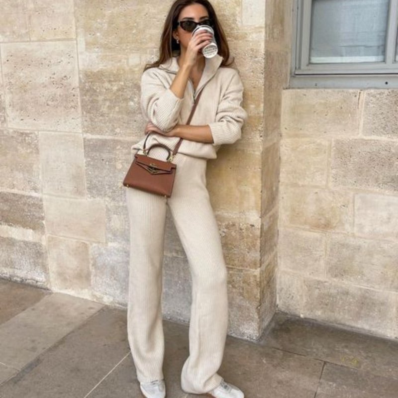 Spring and Autumn Hot selling New Product Two piece Set, Casual and Comfortable Collar Long sleeved Straight leg Pants Knitted S