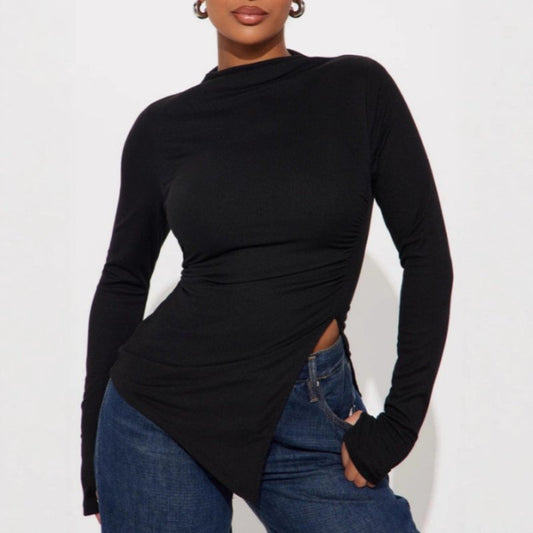 Spring Autumn Solid Color Irregular Asymmetric Split Long Sleeve T-Shirt - Mock Neck Slim Fit Pullover - Premium for sale