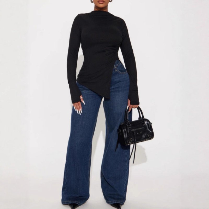 Spring Autumn Solid Color Irregular Asymmetric Split Long Sleeve T-Shirt - Mock Neck Slim Fit Pullover - Premium for sale