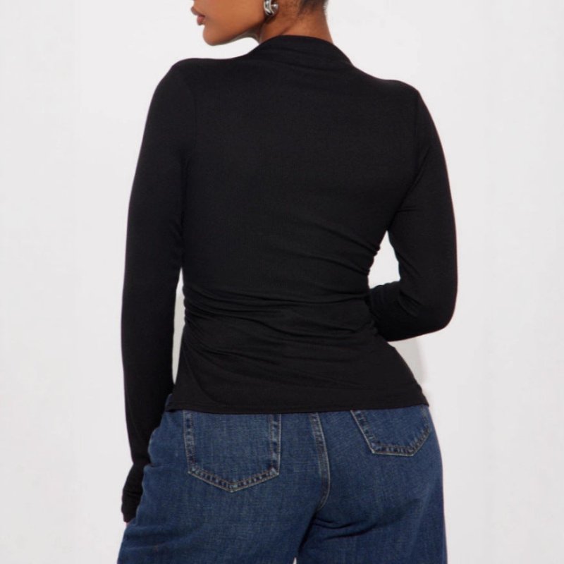 Spring Autumn Solid Color Irregular Asymmetric Split Long Sleeve T-Shirt - Mock Neck Slim Fit Pullover - Premium for sale