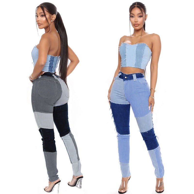 Spring Autumn Stitching Office Trousers High Waist High Elastic Jeans